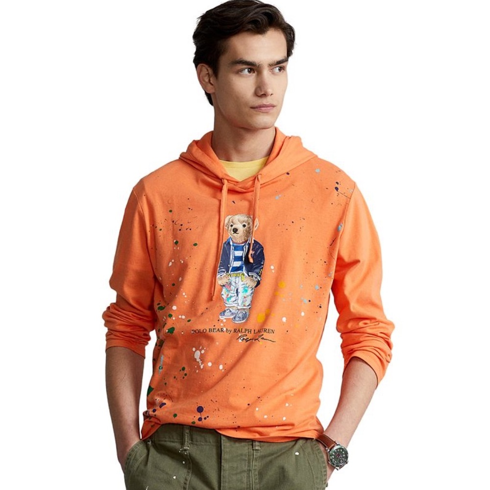 Ralph Lauren Iconic Polo Bear 🐻 Paint Splatter Long Sleeve Hooded T-Shirt